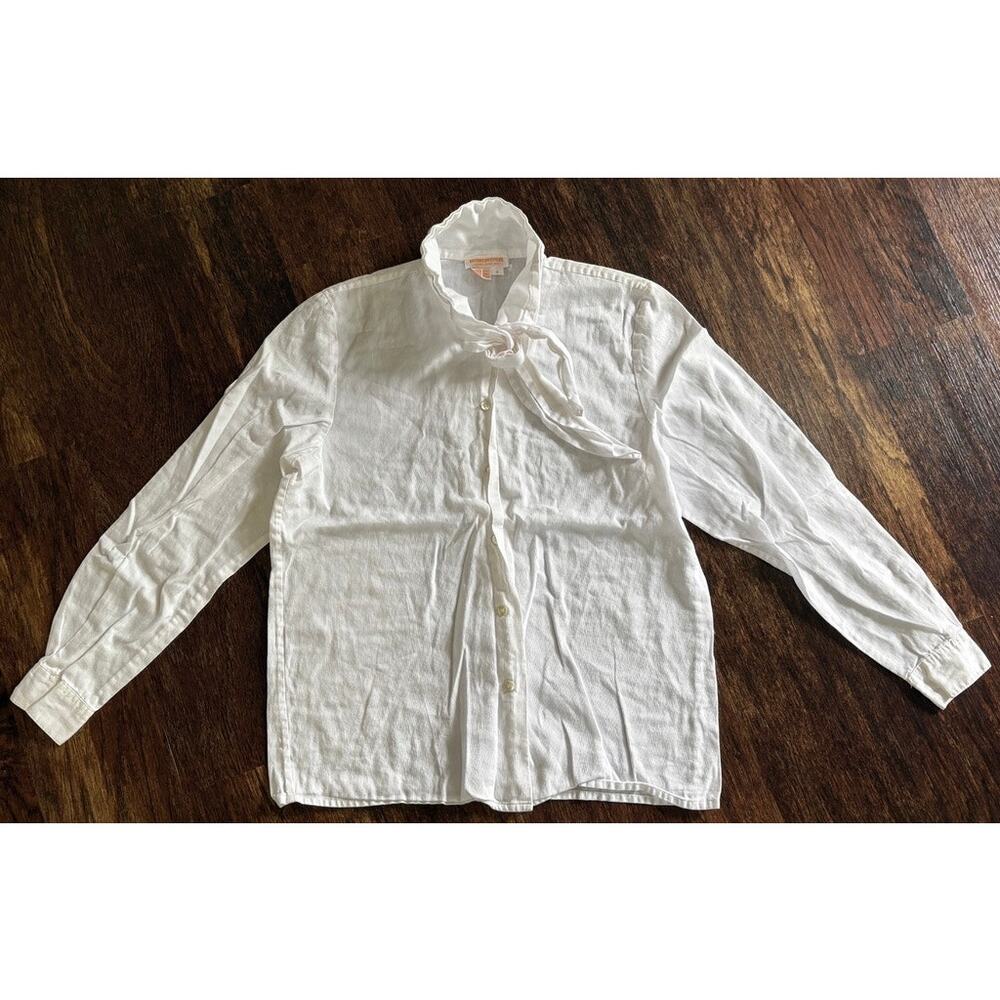 Vintage Brooks Brothers White Tie Neck Cotton Blouse Button Down Size 6